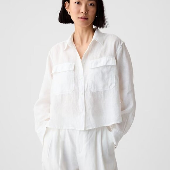 GAP 100% Linen Cropped Shirt Off White size Medium - Picture 1 of 10